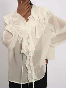 Women Basic Button Up Tops Casual Ruffles Long Sleeve Shirt Blouses - Champagne - View 4