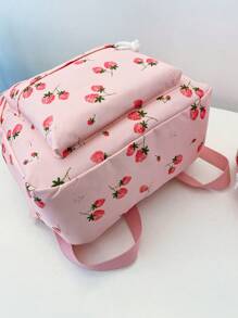 3 Pcs Fashionable Preppy Strawberry Print Backpack Set,Backpack&Lunch Bag&Pencil Case,With Laptop Compartment Bookbag,Adjustable Strap Bookbag Set,Multi Pockets High-Capacity School Bag Set Multifunctional Daypack Set Idea For Girls/Teens/College Students/Graduate/Graduate For Daily Use/Vacation/Travel/Back To School