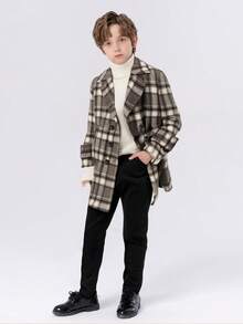 1件男童加厚格子领双排扣外套，秋冬季 - 灰色 - 查看 5