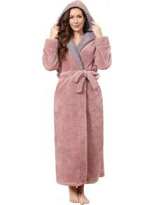 PUTUO Womens Bathrobe Soft Fleece Dressing Gown Ladies Winter Warm Long Robe Housecoat Full Length - Hooded Robes - Pink - View 1