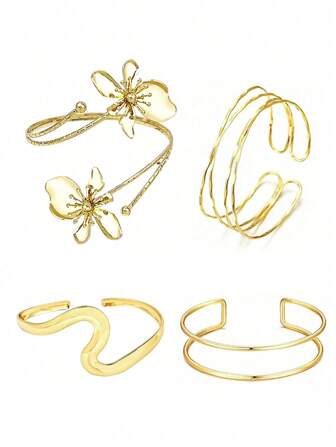 Set de 4 piezas de brazaletes metálicos minimalistas de estilo de vacaciones de verano ajustables