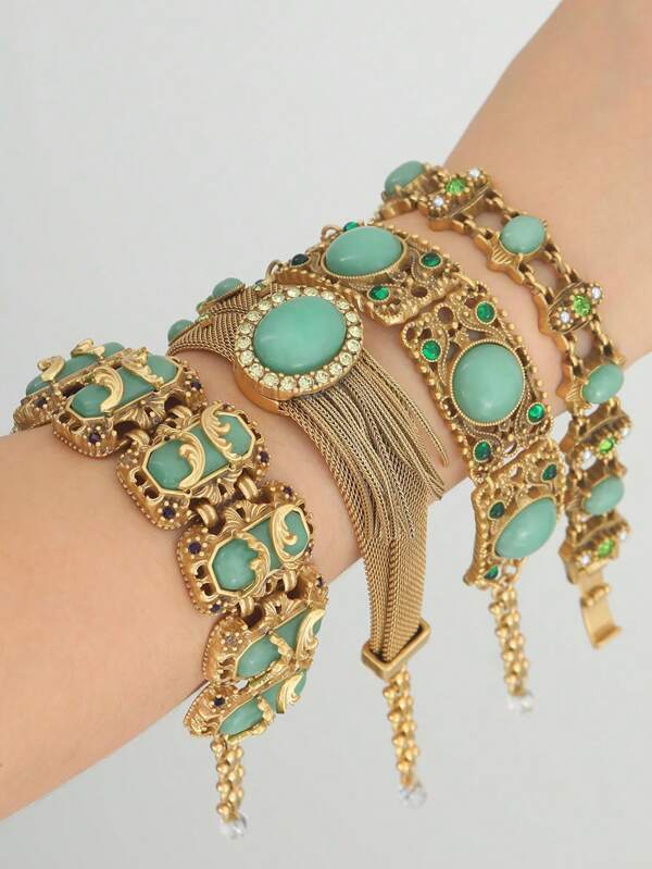 1 pulseira de luxo elegante banhada a bronze antigo estilo vintage, ouro 18K, imitação de jade e pedra natural, decoração verde, presente de aniversário