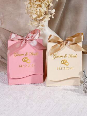5/10/50 piezas Caja de regalo de boda con diseño de anillos de oro y cinta - Caja de favor romántica para la novia y el novio, caja de caramelos para la recepción, fiesta de compromiso, empaque de boda de San Valentín en rojo y verde, elegante caja de agradecimiento para invitados