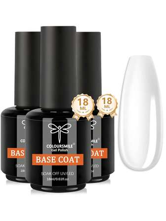 COLOURSMILE 免擦拭凝胶指甲油底油 - 3 件 18 毫升 光泽持久，可浸泡 LED 美甲灯凝胶，适用于家庭沙龙美甲 DIY
