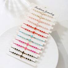 12 peças/Conjunto Pulseira Trançada com Contas de Cristal e Cruz de Metal da Moda