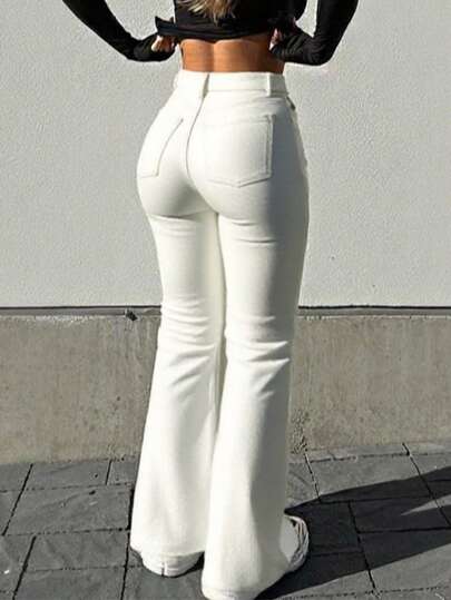 MYOURSA Jeans acampanados de talle alto, pantalones de mujer con corte bota y estiramiento, moda callejera Y2K casual y retro, color blanco