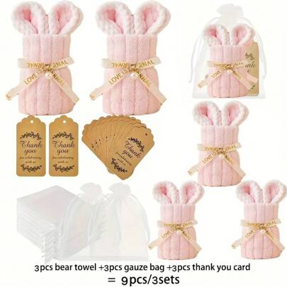 9 piezas, Juego de toallas con diseño de conejo, un suave y amigable con la piel toalla de mezcla de poliéster con una etiqueta "Gracias" y una bolsa acolchada, es perfecto para bodas, despedidas de soltera, cumpleaños, etc. Es un regalo para la fiesta de boda con un diseño alegre y una textura suave, lo que lo convierte en una opción ideal para bodas.