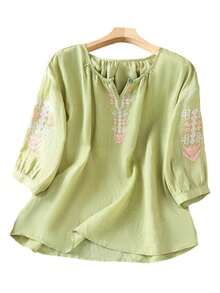 Cotton Linen Tops For Women Loose Geometric Embroidered Tunic Shirt V Neck Half Lantern Sleeve Plus Size Blouses - Green - View 1