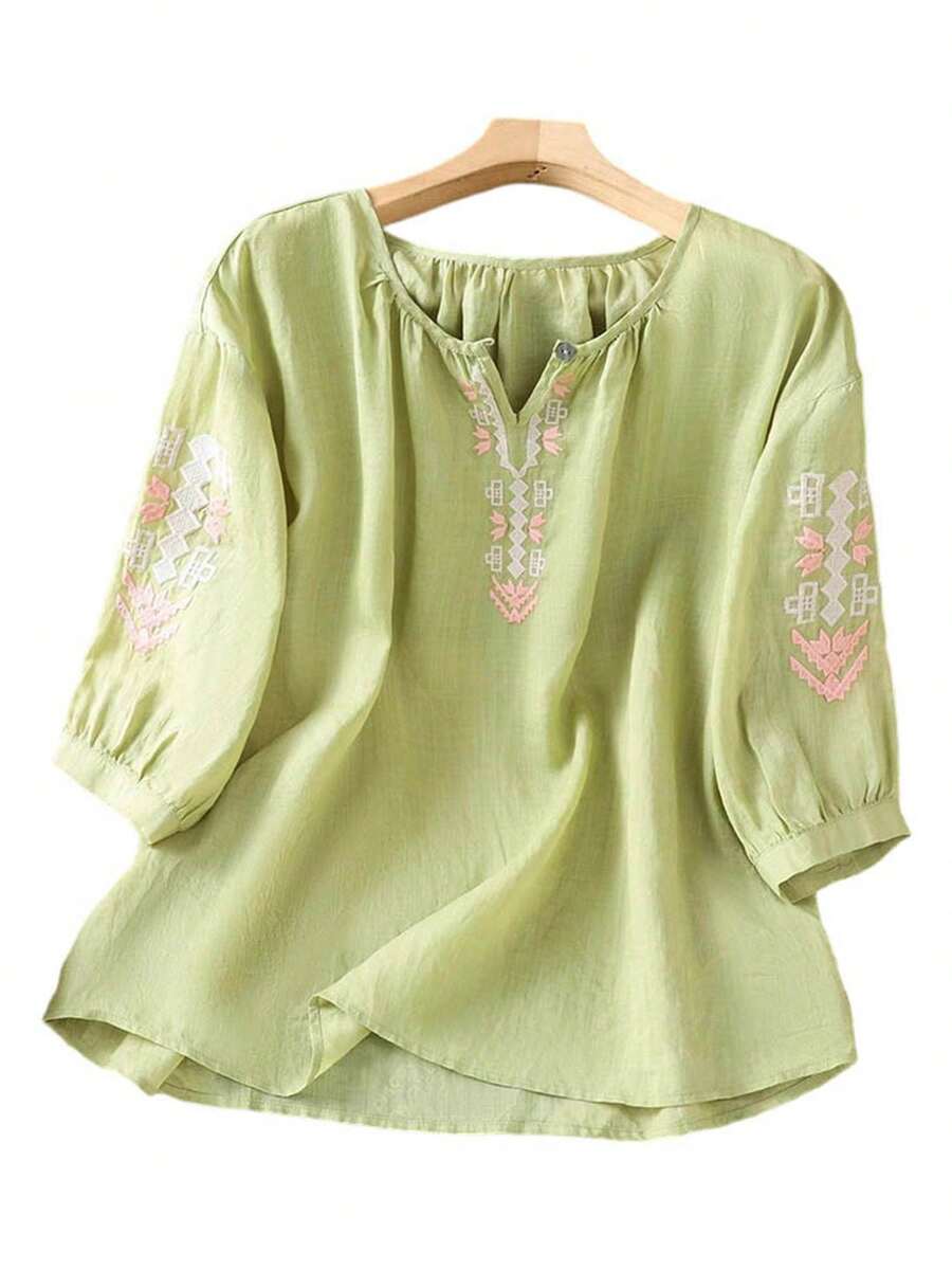 Cotton Linen Tops For Women Loose Geometric Embroidered Tunic Shirt V Neck Half Lantern Sleeve Plus Size Blouses - Green - View 1