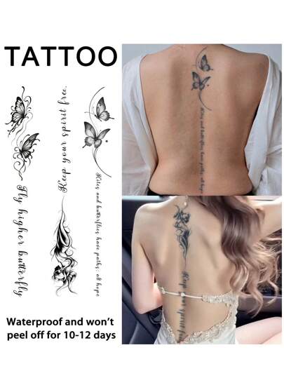 3Pcs Spine Fake Tattoo Temporary Tattoos Semi Permanent Tattoo Y2K Butterfly Waterproof Sweatproof Last For 1-2 Weeks Realistic Herbal Juice Anti-Friction Non-Reflective Black For Woman And Men Tattoo Stickers For Arm, Chest, Leg, Abdomen, Waist, Finger, Neck, Spine, Modernist Body Art