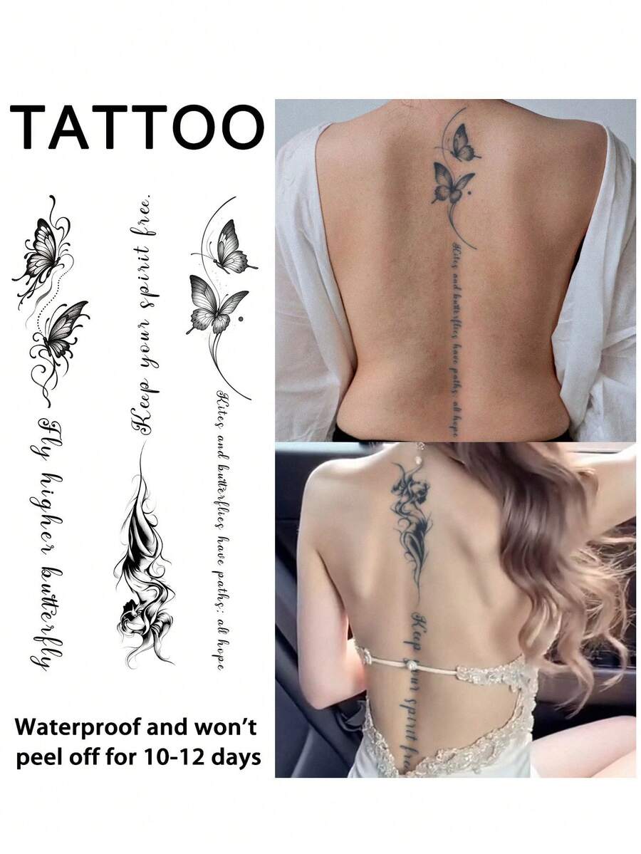 3Pcs Spine Fake Tattoo Temporary Tattoos Semi Permanent Tattoo Y2K Butterfly Waterproof Sweatproof Last For 1-2 Weeks Realistic Herbal Juice Anti-Friction Non-Reflective Black For Woman And Men Tattoo Stickers For Arm, Chest, Leg, Abdomen, Waist, Finger, Neck, Spine, Modernist Body Art