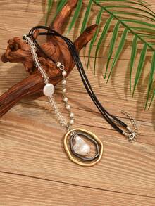 1pc Personalized Dual-Tone Beaded & Faux Pearl Women Necklace, Suitable For Gift & Daily Wear - Multicolor - View 5