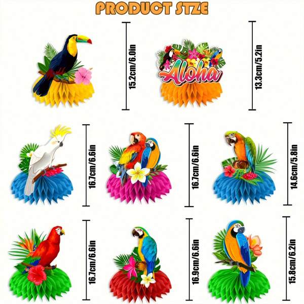 8 Pcs, Hawaiian Banquet Honeycomb Centerpiece, Hawaiian Party Table Decorations, Tropical Birds Aloha 3d Double Sided Honeycomb Decorations, Party Decoration Supplies