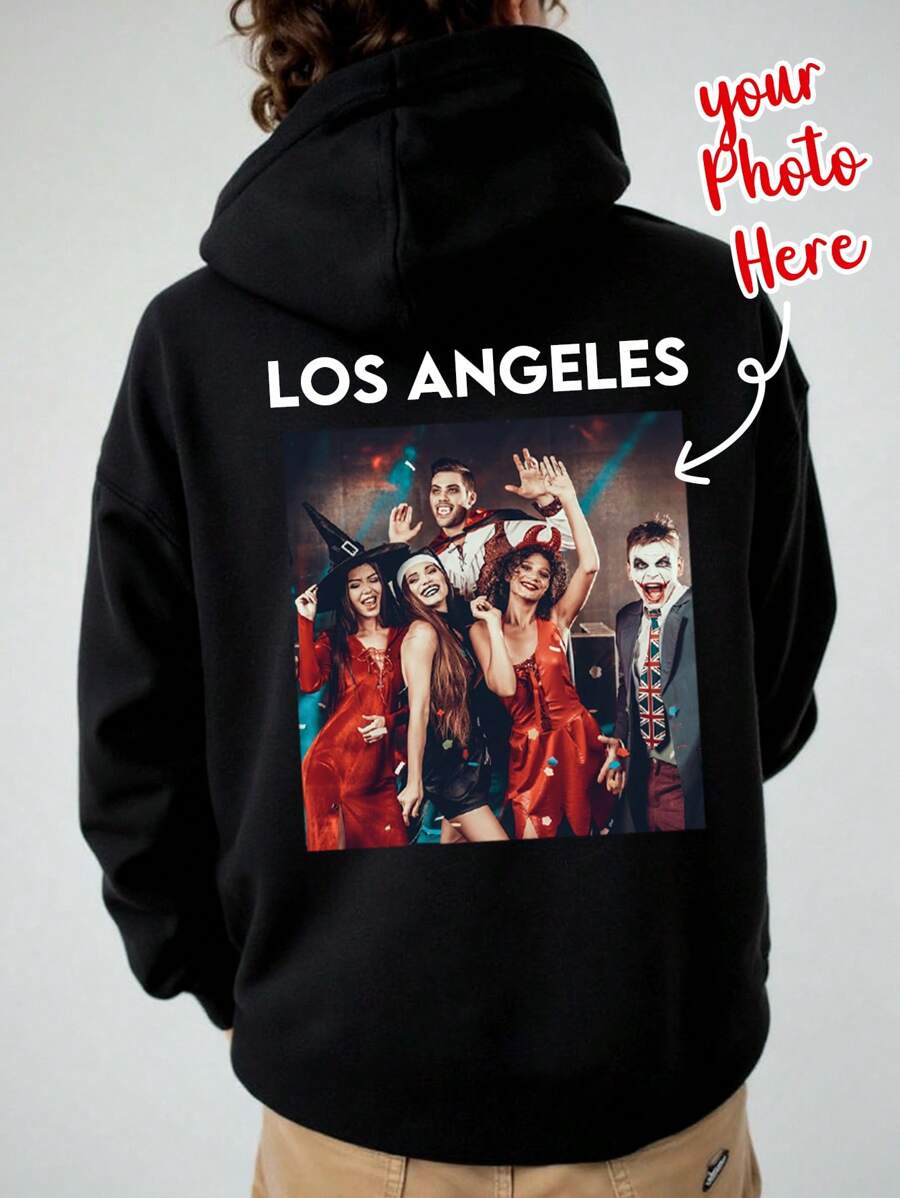 定制男士连帽衫，印有您的照片和祝福语/集体照/情侣/夫妻/家人/朋友/宠物/风景，黑色运动衫，男士羊毛连帽衫，秋冬装，情人节/父亲节/周年纪念/生日礼物，万圣节连帽衫，送给他的礼物，秋冬男士连帽衫 - 黑色 - 查看 1