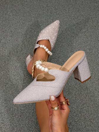 Escarpins à talons hauts avec perles pour femmes, sandales à talons épais, talons hauts à bout pointu avec paillettes, mules rétro à bout ouvert, plates-formes de déplacement confortables