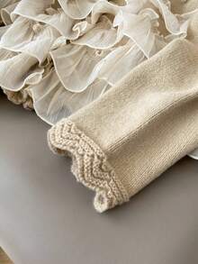 Women's Casual Raglan Sleeve Contrast Mesh Ruffle Hem Knit Cardigan, Suitable For Daily Wear And Back To School Season, Autumn/Winter - White - View 7