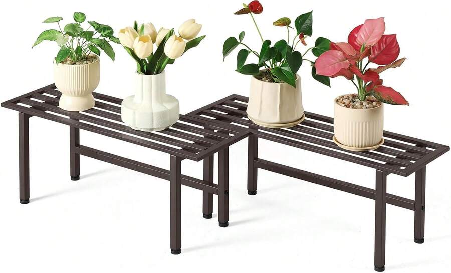 2 Pack Metal Plant Stand Outdoor Plant Shelf Indoor,1 Tier Heavy Duty Plant Stands For Multiple Plants,26" L X 10.12" H X 8.75" W,Coffee - 芥末黃 - 查看 1