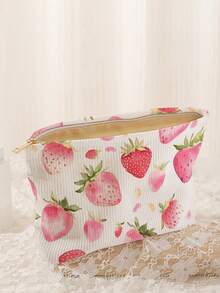 1 件便携式草莓图案双面印花拉链化妆包，多功能旅行洗漱用品收纳袋