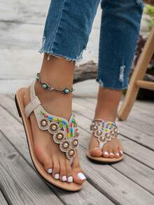 Vintage Roman Sandals For Girl, Handmade Woven, Back Zipper, Soft Sole, Round Toe, Flat, Suitable For Beach Or Casual Wear, Summer - Brown - View 1