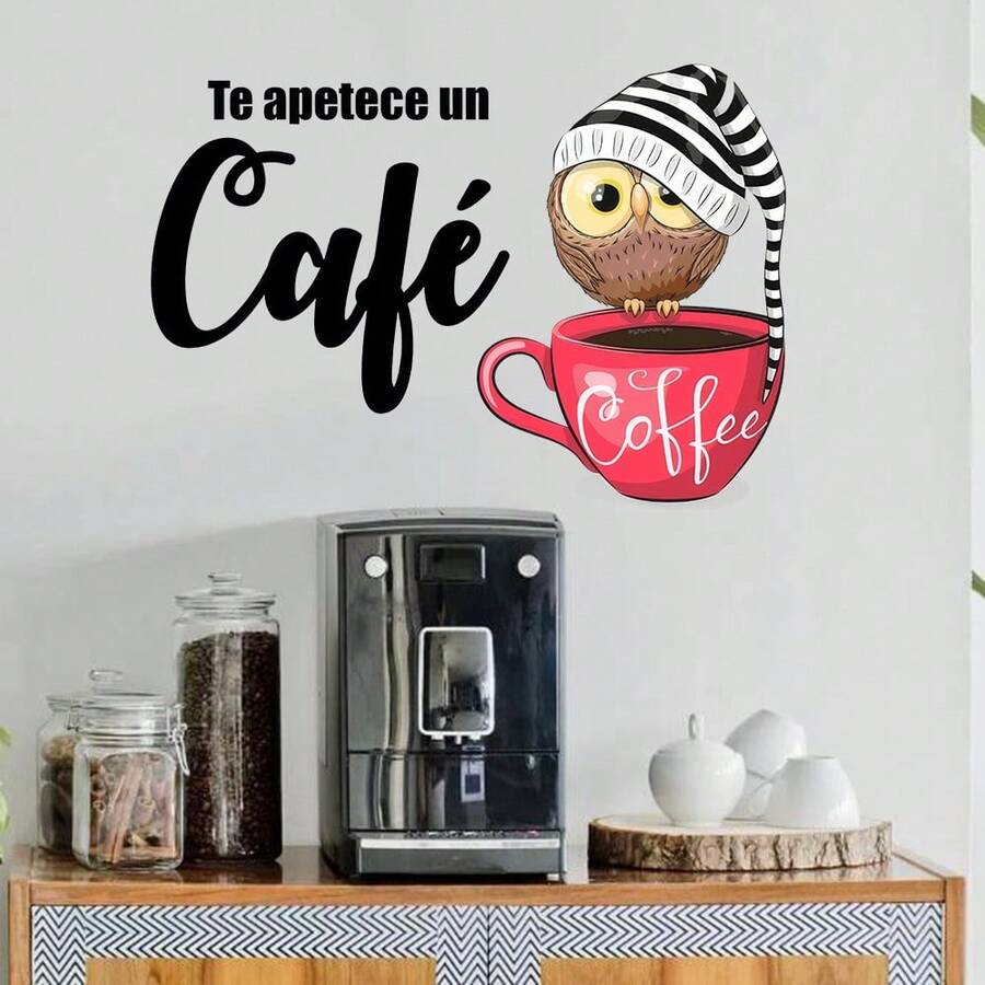1pc Spanish Coffee Owl Wake Up Wall Stickers Decals,Kitchen, Cafe Bar, Pub Inspirational Quote ,Office Home Decor - Multicolor - View 1