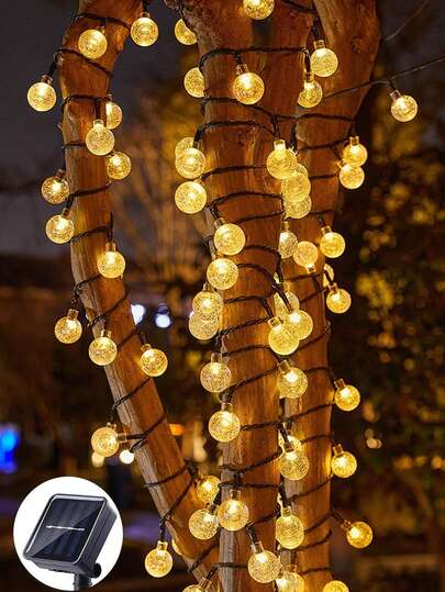 1pc Solar Power 5m/16.4ft 20Led 2.4cm Transparent Plastic Ball String Lights, Indoor Room Decor Fairy Lights, Bedroom Wall Decor Led Light String, 8 Modes Flashing Lights, Suitable For Weddings Decor, Birthday Parties Decor, Camping Tent Decor, Outdoor Decorative Lights, Gardens Decor, Courtyards Decor