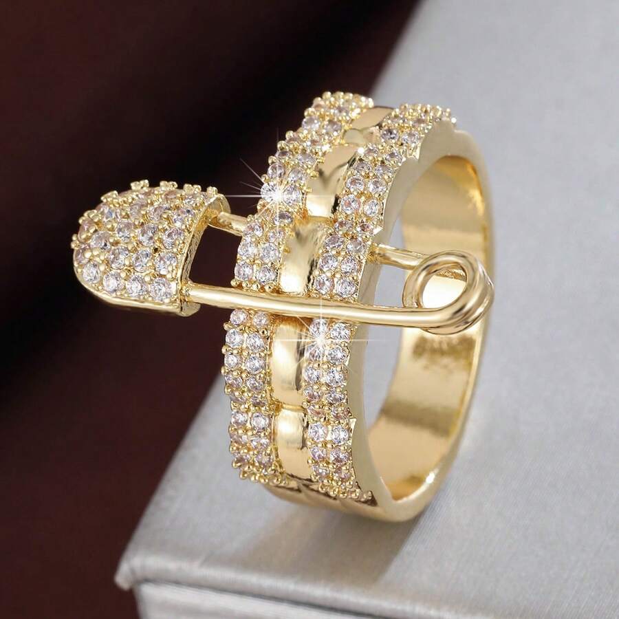 1pc Elegant Brooch Style Wide Band Ring Design With Artificial Zirconia Stones For Women - Multicolor - View 1
