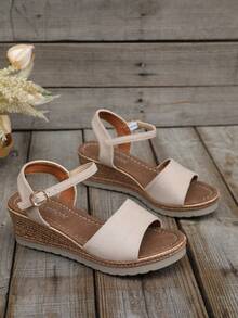 大码女士坡跟凉鞋，2025夏季新款时尚仙女风纯色度假波西米亚风高跟鞋，旅行必备 - 米色 - 查看 6