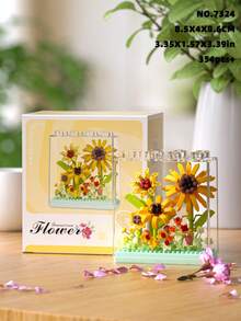 9种类型，1-4英寸创意花朵积木玩具，DIY花朵模型，DIY工艺花束，透明亚克力盒，ABS塑料，花朵积木套装，浪漫风格，形状包括康乃馨、玫瑰、郁金香、风信子、牡丹、向日葵、山茶花、栀子花，可堆叠积木玩具，玩具，礼物，