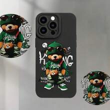 Étui de téléphone doux avec motif d'ours en peluche vert de dessin animé, yeux d'ange, impression UV mate. Protection à 360 degrés pour iPhone 11 12 13 14 15 16 Pro Max XR X/XS 7 8 Plus SE Mini pour smartphone - Noir - Voir 6