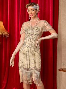 20 世纪 20 年代女士轻佻连衣裙，透明串珠袖子，了不起的盖茨比连衣裙，咆哮的 20 年代连衣裙服装 - 杏色 - 查看 4