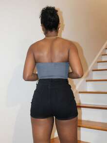 Steph T Ribbed Knit Patch Detail Bandana Hem Crop Tube Top - Dark Grey - View 5