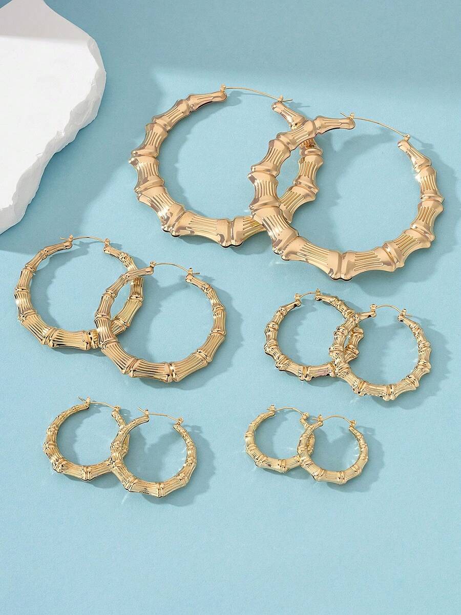 5 Cặp Bông Tai Vòng Tròn Bằng Kim Loại Tre Tối Giản - Vàng - Xem 1