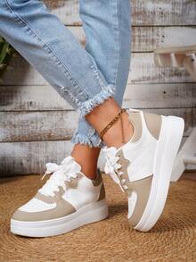 Women's Classic White Low-Top Casual Fashion Flat Sneakers, Outdoor Sports Shoes, Lightweight Soft-Soled Breathable Slip-On Platform Shoes - Màu Khaki - Xem 2