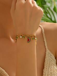 1 chiếc vòng tay thép không gỉ có mặt dây chuyền hình lát dưa hấu, màu sắc tươi tắn và rực rỡ, thích hợp để đeo hàng ngày và đi nghỉ - Bạc - Xem 2