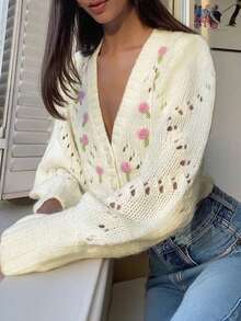 Korean Style Casual Boho Holiday Party Vintage Women Old Money Style Cute Airport Streetwear Country Concert Going Out Tops, Cosplay Halloween Costume, Halloween 2025 Sexy Witch Costume Going Out, Fall Women, Back To School Y2K, Country Concert, Fall Winter For Women, Goth Steampunk Women, Boho Holiday Party Work V-Neck Floral Embroidery Single-Breasted Hollow Regular Casual Versatile Fashion Knitted Cardigan