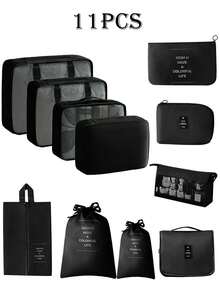 11件套便携式旅行收纳套装，多功能储物袋，包括洗衣袋、内衣袋、鞋袜袋、电子产品袋、束口袋、网袋、洗漱包、化妆包、行李袋 - 夏季旅行、度假、商务旅行的理想之选 - 彩色 - 查看 11