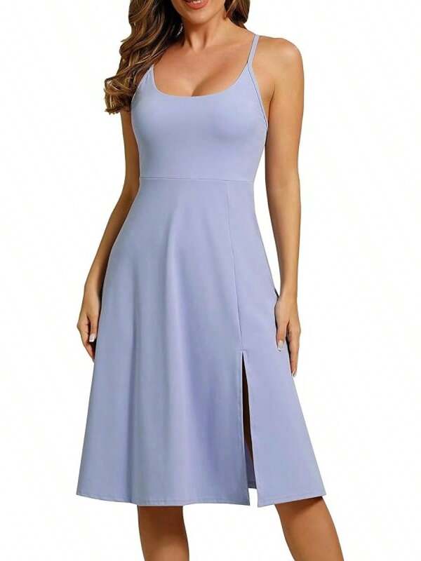 Women Athletic Dress With Built In Bra Adjustable Straps Side Split Workout Dress Tennis Midi Dresses Women