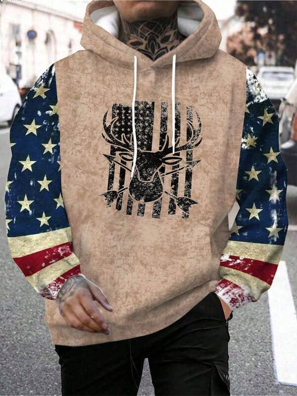 Sudadera con capucha casual y deportiva para hombre con estampado 3D de bandera americana y ciervo, para otoño
