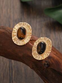 Brincos femininos elegantes retrô de aço inoxidável cáqui e malva - com grande design central de pedra olho de gato cáqui, série Fashion Queen, versáteis para uso diário e ocasiões sofisticadas, presente exclusivo