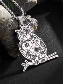 1pc Fashion Stainless Steel Flat Mechanical Doll, Owl Animal Pendant Necklace, Unisex Jewelry Casual Gift
