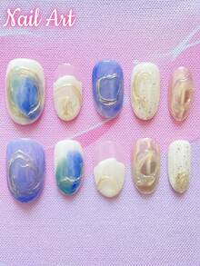 10 件手工按压式指甲假指甲夏季指甲美容美甲浅蓝色指甲新款纯手工按压式假指甲椭圆形立体提花设计搭配金色魔镜粉，适用于女士美甲产品。美甲用品指甲