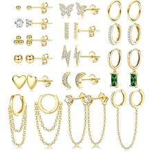 Milacolato 29Pcs 14K Gold Plated Studs Earrings And Hoops Set For Women Huggie Hoop Studs Earrings Set Dainty Minimalist Moon Heart Butterfly CZ Ball Small Dangle Chain Hoop Earrings Set For Multiple Piercing - 彩色 - 查看 11
