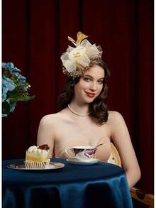 Derby Fascinators Women High Tea Party Hat Wedding Cocktail Flower Headware With Mesh And Feathers - Gold & Beige - View 3