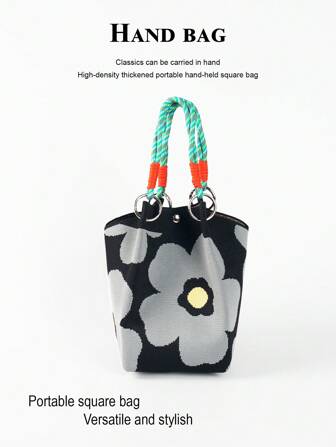 Bolso de muñeca plegable y ligero minimalista con diseño calado y transpirable de color de contraste tejido, adecuado para vacaciones, sesiones fotográficas y uso escolar