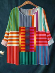 彩虹条纹艺术印花图案女士休闲亚麻衬衫，适合旅行和春季度假 - 彩色 - 查看 2