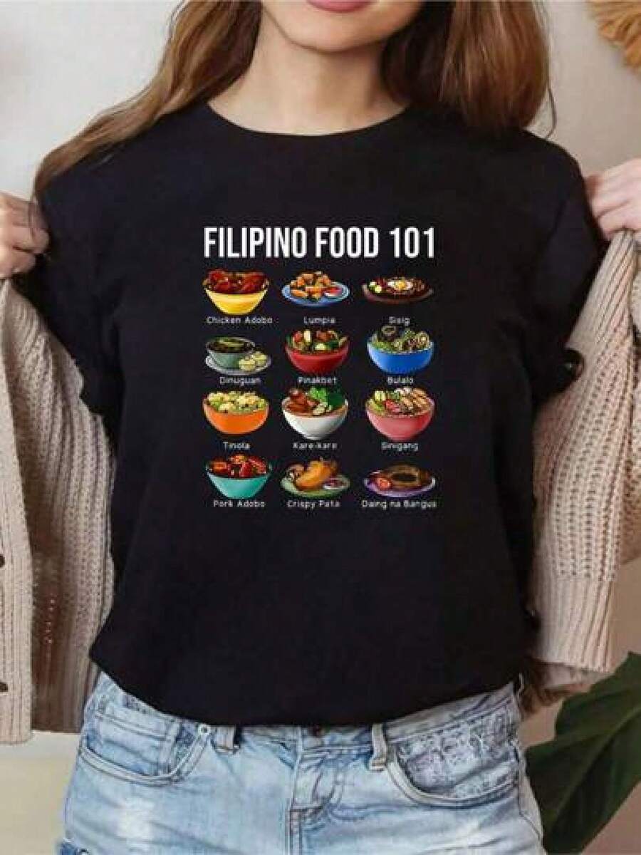 Filipino Food Popular Pinoy Food Funny Cool Filipino Women Graphic T-Shirt Cotton Print Short Sleeve Casual Top, Summer Tee Womens Tops