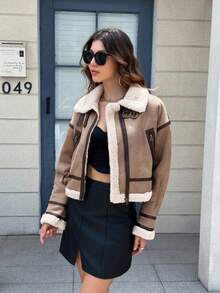 Áo khoác mô tô lót lông giả Seelio dành cho nữ mùa thu/đông mới, kiểu dáng ngắn - Màu Khaki - Xem 5
