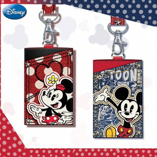Disney 2 piezas Titulares de tarjeta de identificación con correa de Mickey y Minnie, con licencia oficial de Disney, estilo Loungefly, accesorios de viaje con diseño de dibujos animados, regalos de pareja para Halloween, Navidad, Acción de Gracias y fiestas
