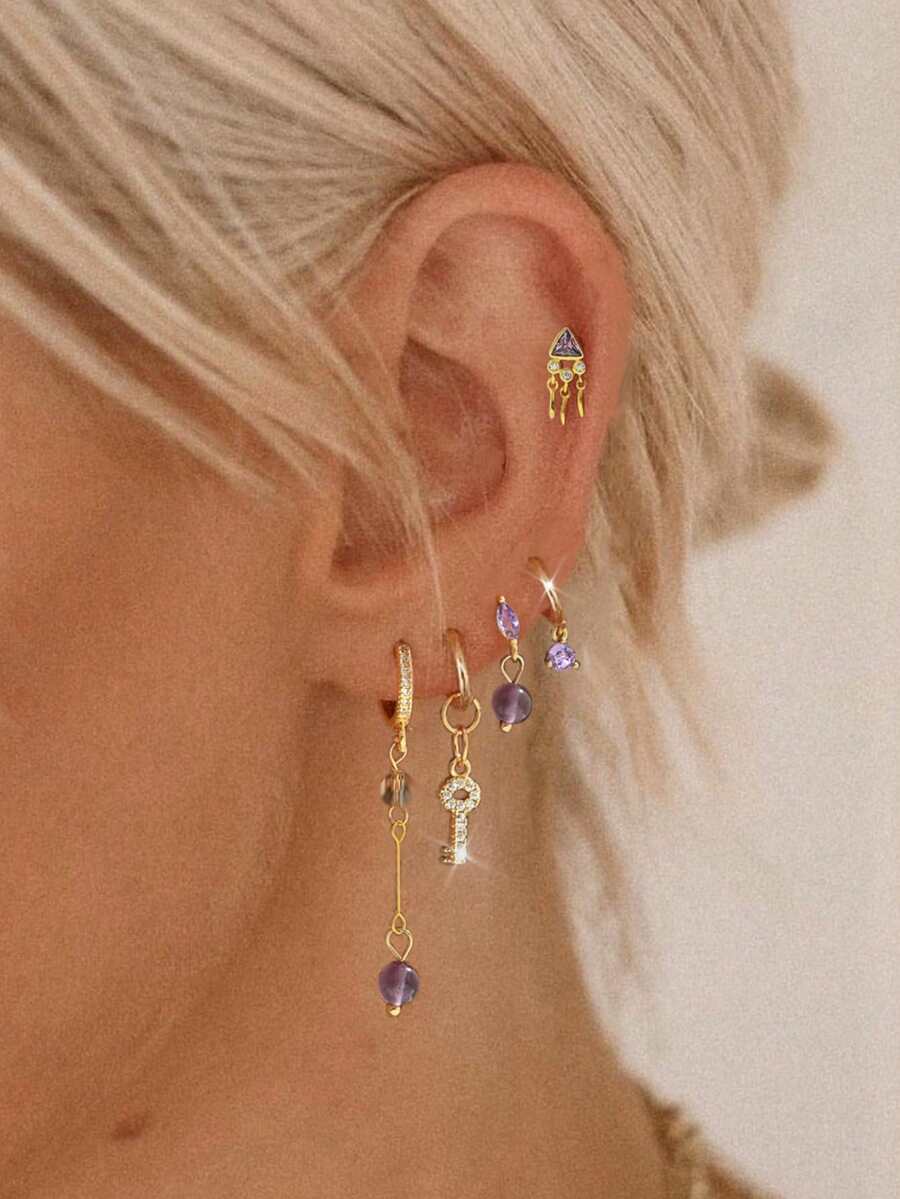 1 套 5 件精致紫色锆石耳钉，适合日常、派对、节日、约会或婚礼