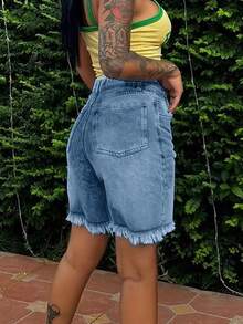 Women Loose Straight Knee Length Denim Shorts - Light Wash - View 4